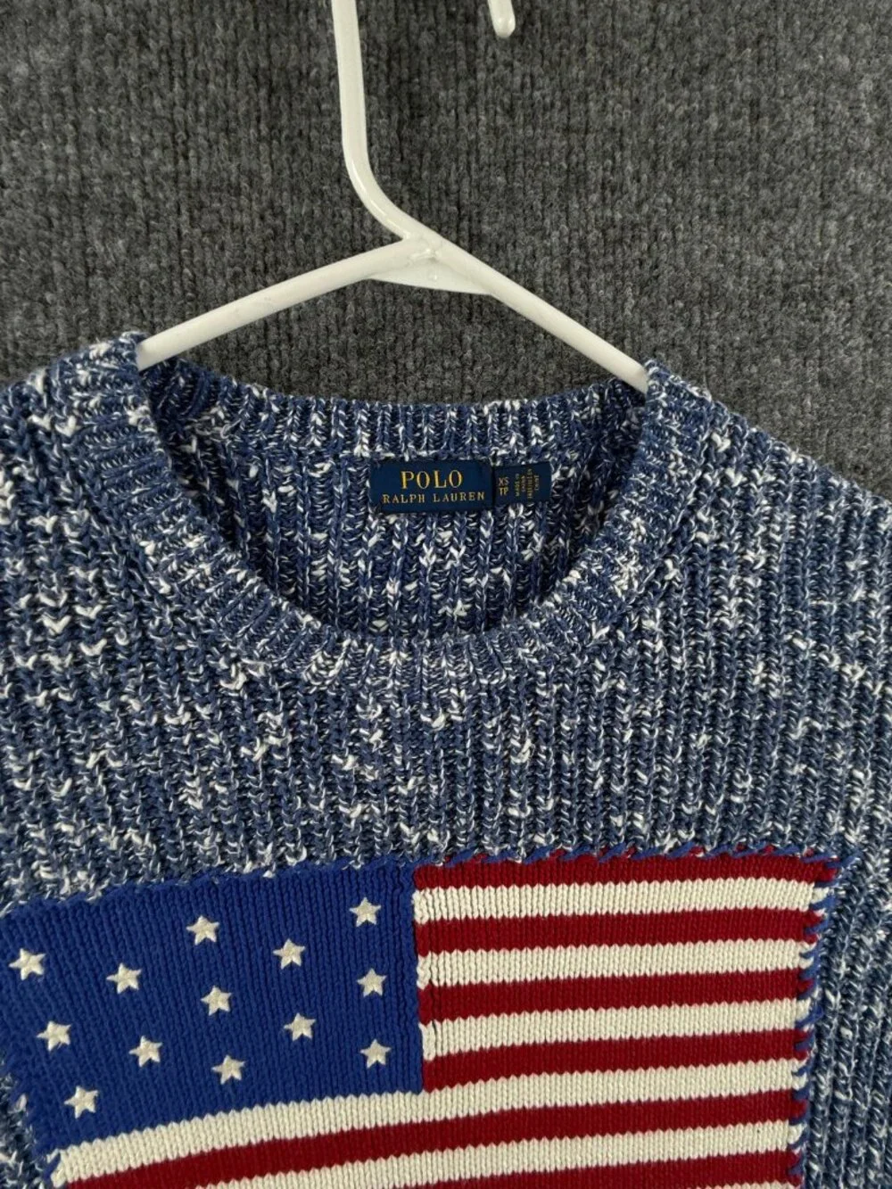 Polo Ralph Lauren XS Speckled USA Flag Chunky Knit Graphic Crew Neck Pullover